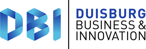 Logo für Duisburg Business & Innovation. Links die stilisierten blauen Buchstaben DBI, rechts der Schriftzug DUISBURG BUSINESS & INNOVATION in blauer und schwarzer Schrift auf weißem Hintergrund.
