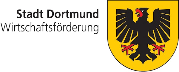 Logo der Stadt Dortmund Wirtschaftsförderung, das einen schwarzen Adler mit rotem Schnabel und Krallen auf einem gelben Schild neben dem Text Stadt Dortmund Wirtschaftsförderung zeigt.